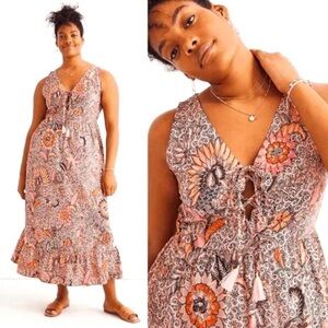 Madewell Lace-Up Ruffle-Hem Midi Dress Size6 Boho Cottagecore Casual Relaxed NWT